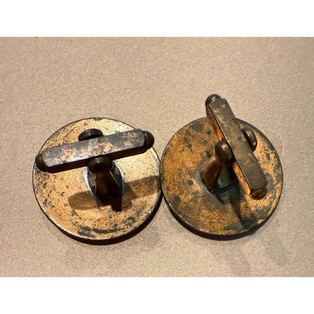 Vintage‎ Enamel Cufflinks Red Black Abstract Pattern Copper Tone Metal